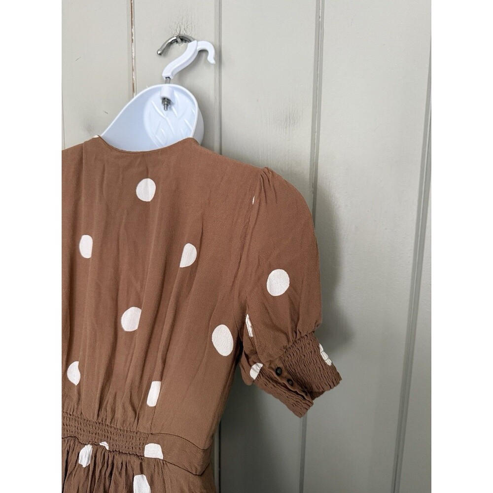 Anthropologie Maeve Dress 00 Bernice Cocoa Brown Polka Dot S/S Faux Wrap Midi - Picture 2 of 9